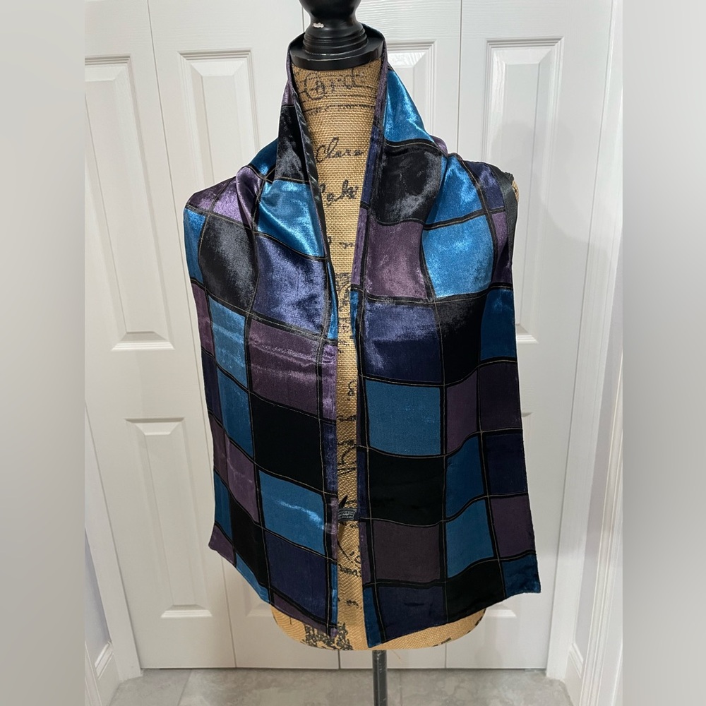 Vintage Art of the Scarf TieRack Satin Patchwork Scarf in Blue & Purple